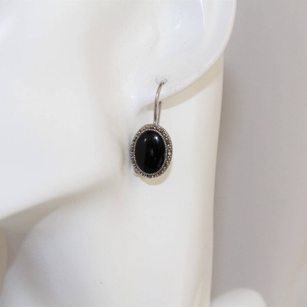 Marcasite Halo Oval Onyx Sterling Silver Earrings